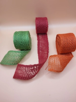 3 rubans en toile de jute colorés mini